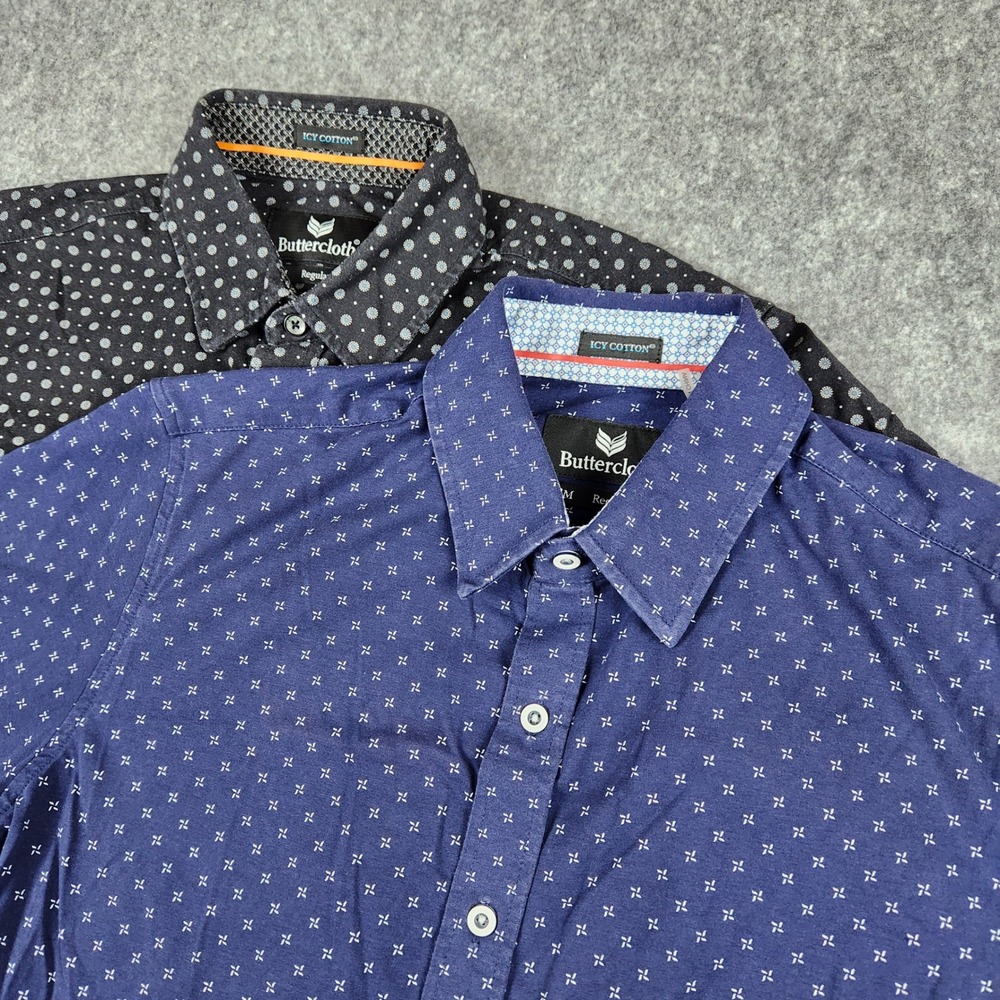 Buttercloth Lot 2 Icy Cotton Shirt Men M Black Floral Dot Short Sleeve Button